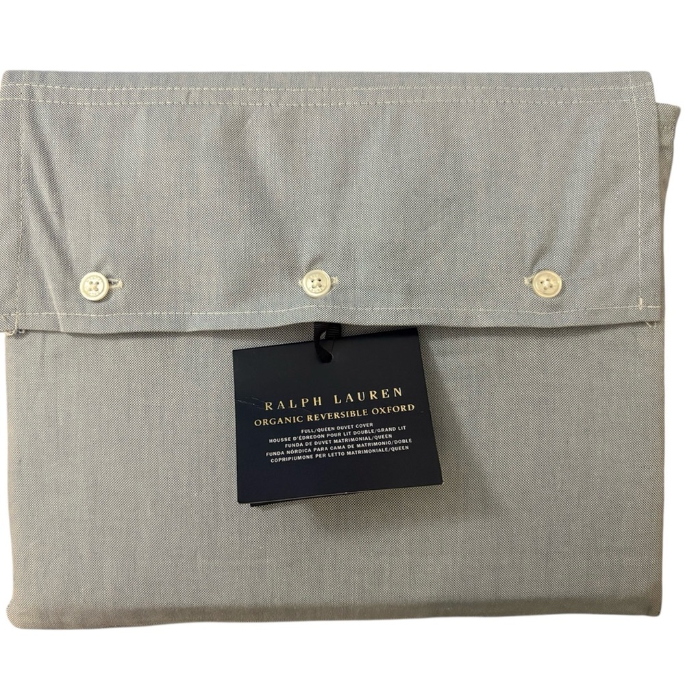 Ralph Lauren Full Queen Duvet Cover Organic Reversible Oxford Blue White NEW
